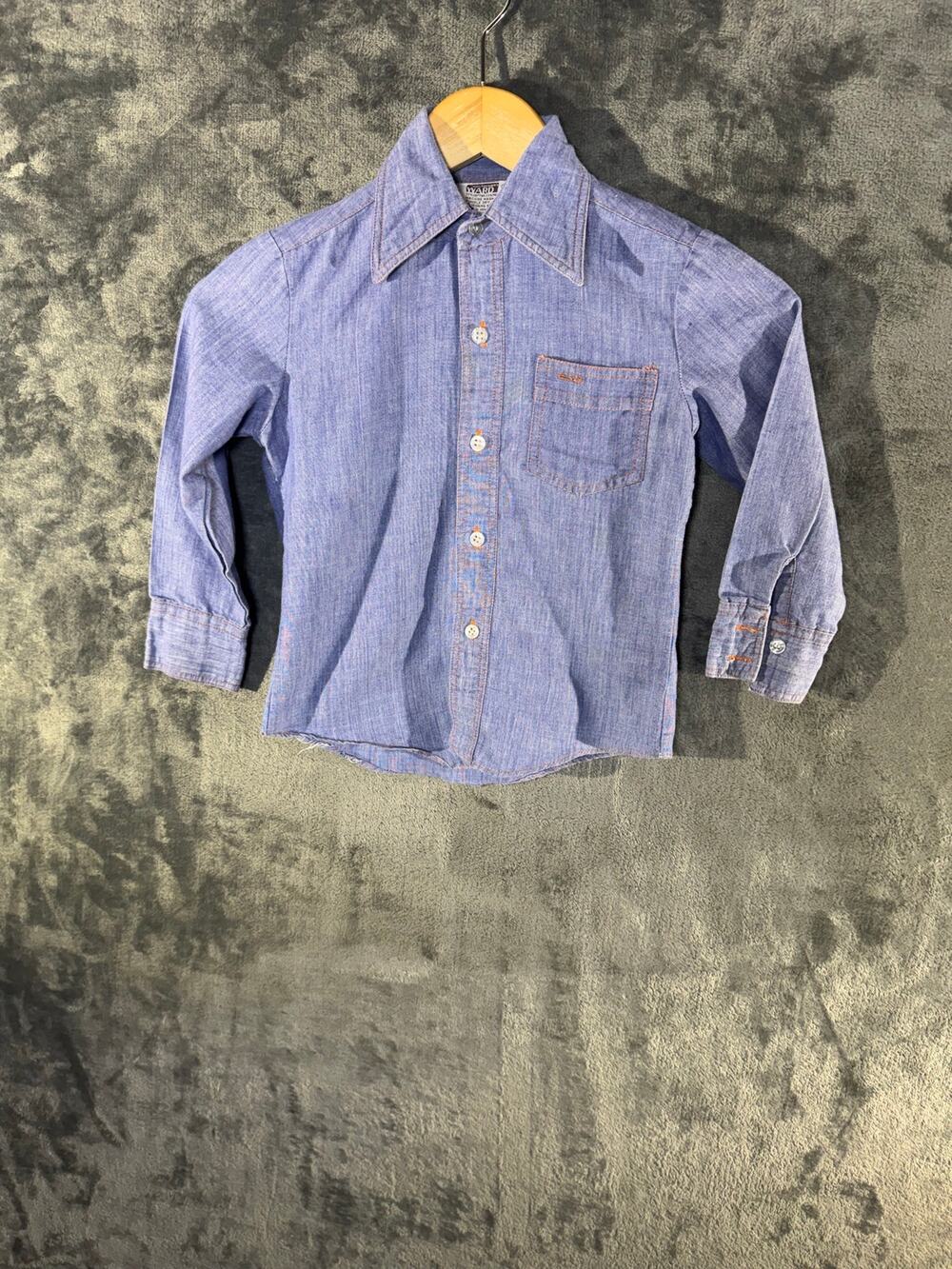 Vtg 70s Montgomery Ward Kids Embroidered Chambray Western Shirt SZ 7 Circus Lion